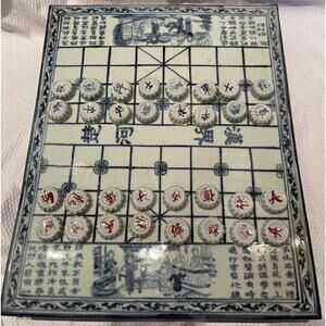 Rare Chinese Full Size Blue & White Porcelain Chess Xiangqi Complete w/ Box
